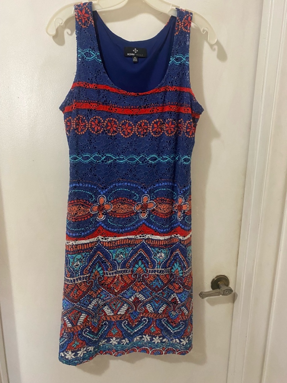 Ronni Nicole Sleeveless Midi Dress with Red & Blue Accents Crochet Look Overlay